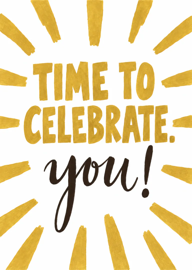 Illustrated birthday card with a champagne bottle, coupe glass and the words “Time to Celebrate You.”