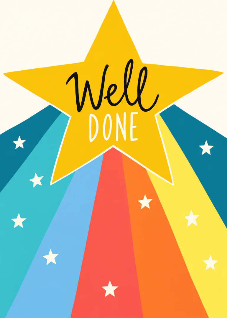 Colourful card featuring a large yellow star reading “Well Done” over vibrant radiating stripes and small white stars.