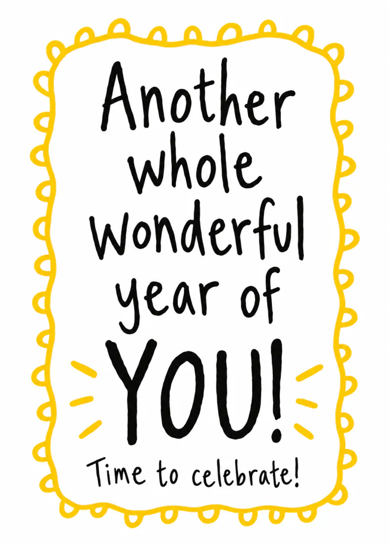 White card with hand-lettered black text, yellow decorative border and celebratory yellow rays.