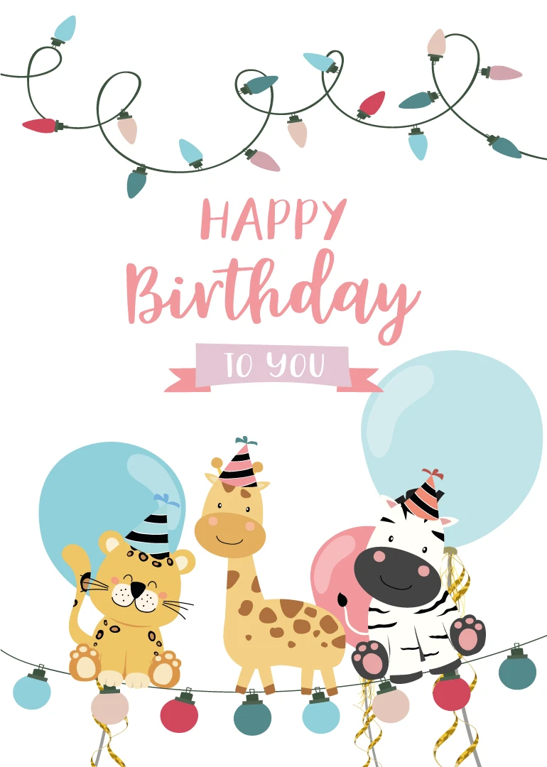 Cute animal birthday card with balloons, party hats and Happy Birthday text.