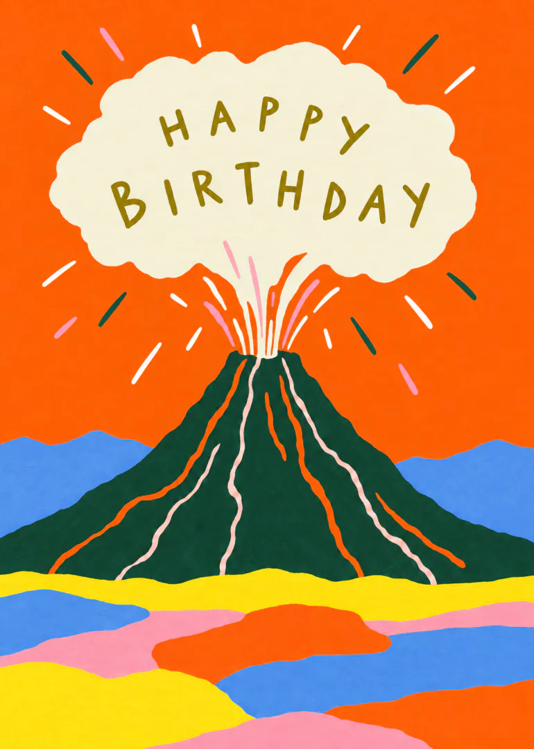 Bright orange birthday card with an erupting green volcano and a cream cloud reading Happy Birthday.