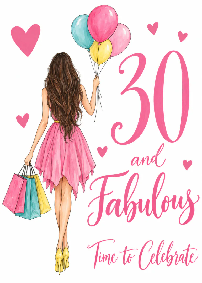 Fashion illustration of a woman in a pink dress holding balloons and shopping bags, with 30 and Fabulous wording.