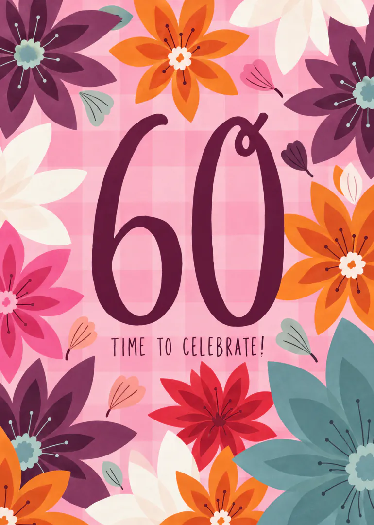 Pink gingham card with colourful flowers, a large purple 60 and the words Time To Celebrate!