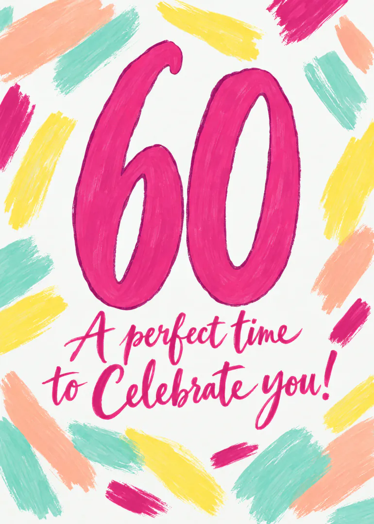 White 60th birthday card with a large pink 60, celebratory script and colourful painted brushstrokes.