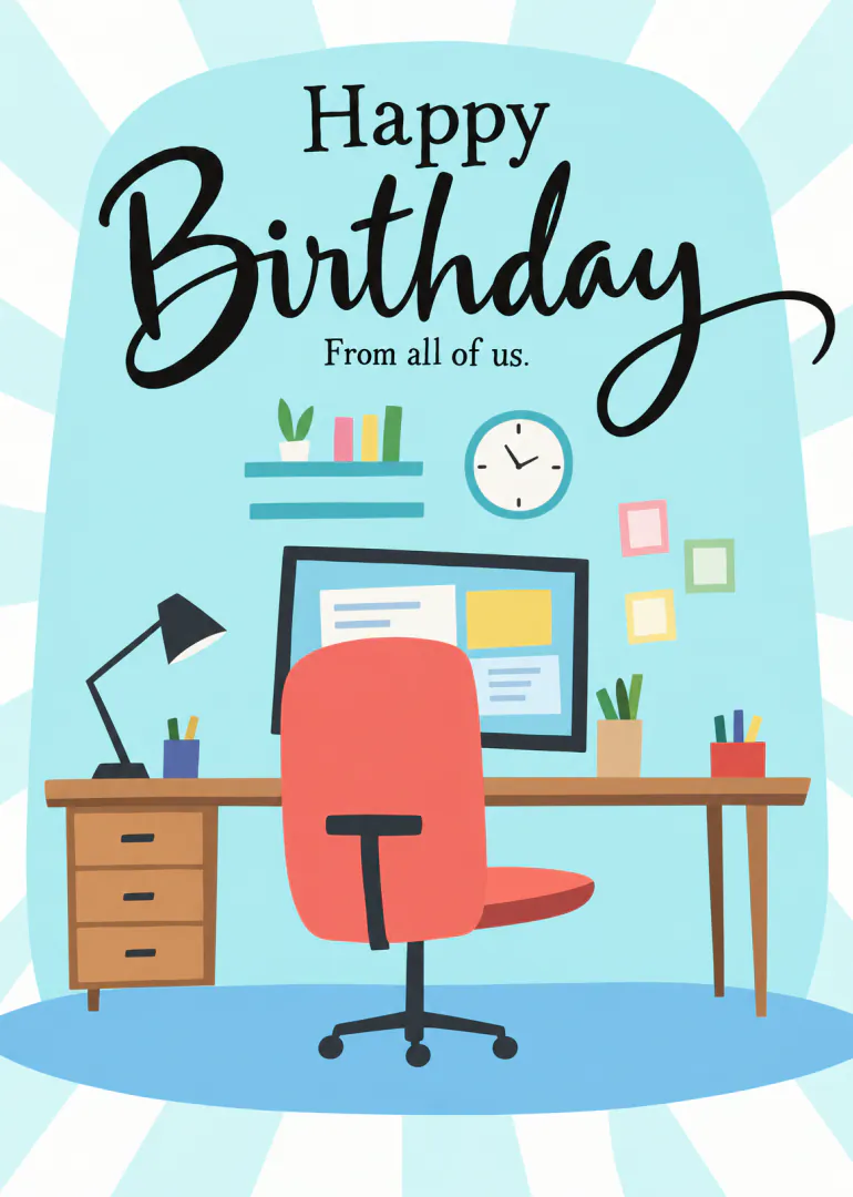 Blue office-themed birthday card with a desk, coral chair and Happy Birthday From all of us wording.