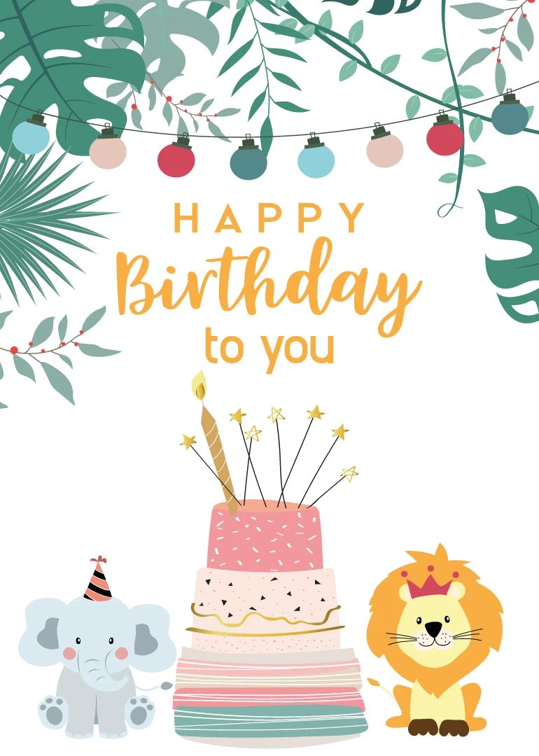 Birthday card with jungle leaves, party lights, cake, elephant, and lion with happy birthday text.