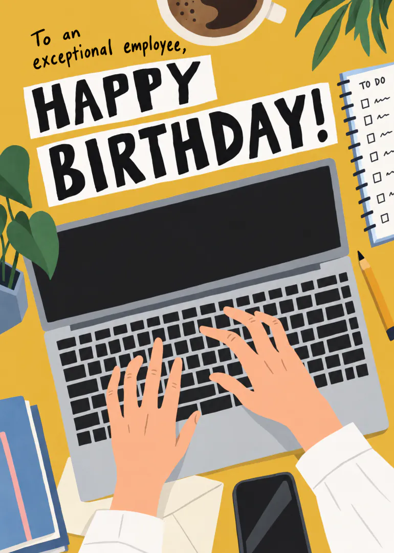 Illustrated employee birthday card with a laptop, hands typing, coffee, plants and bold birthday lettering on a yellow background.