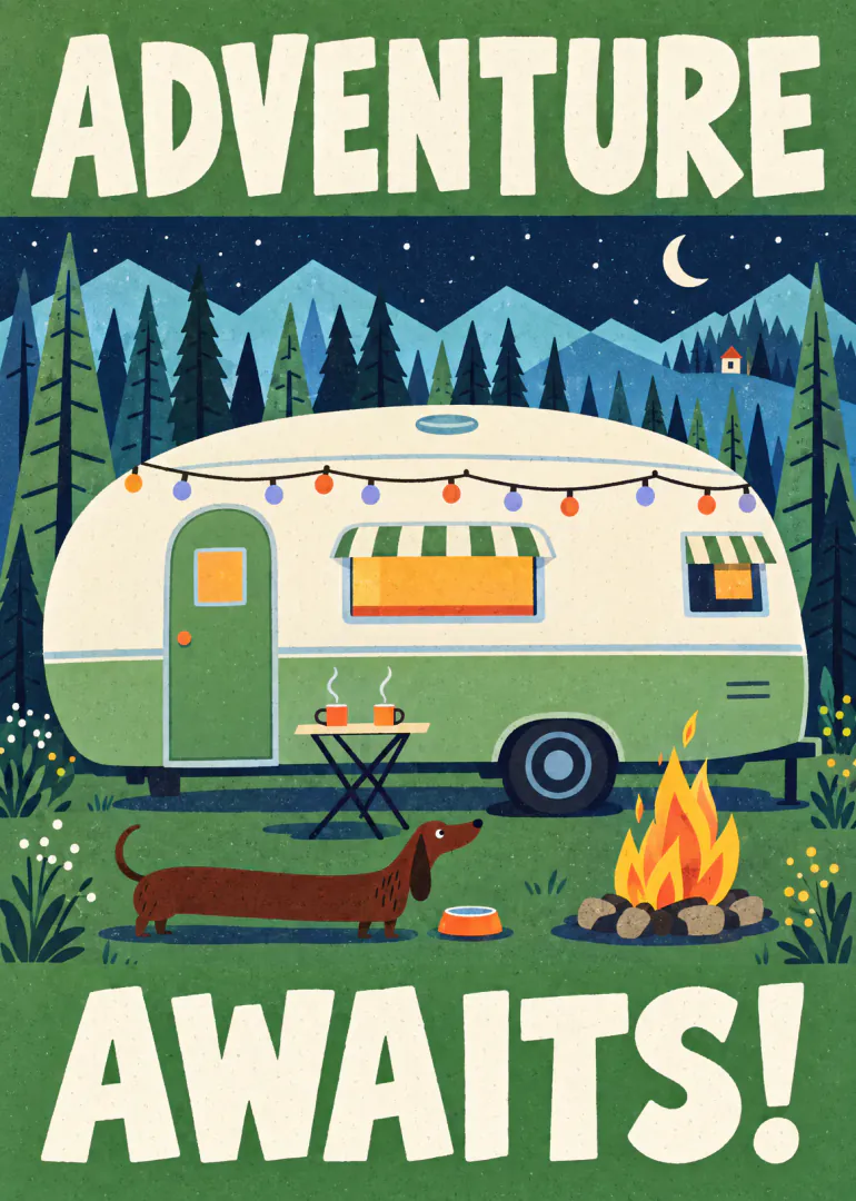 Illustrated green camper van in a forest at night with a dachshund, campfire and the words “Adventure Awaits!”.