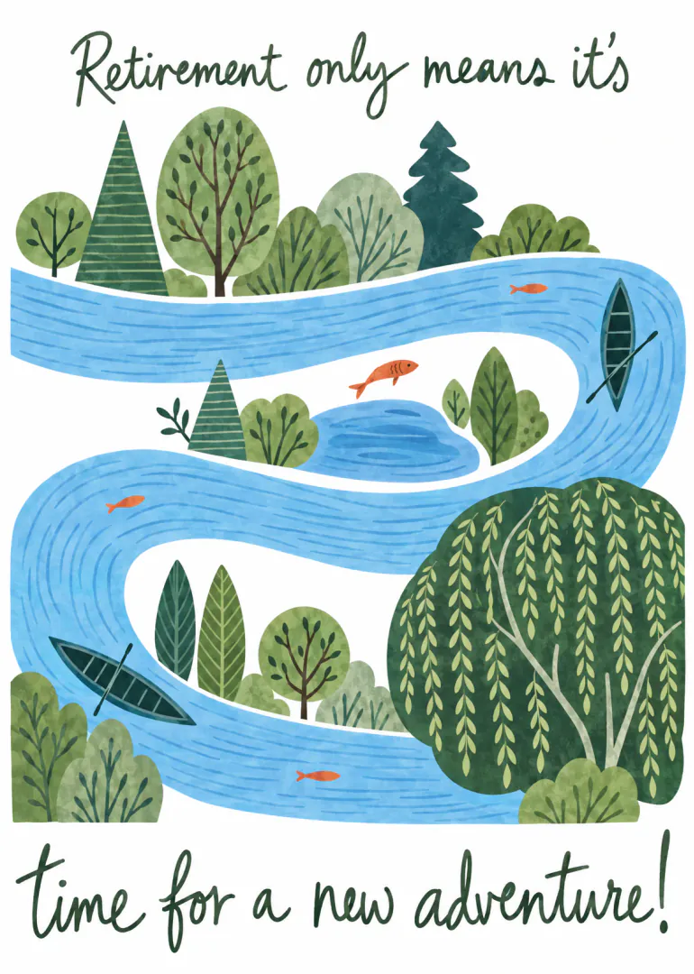 Illustrated retirement card with a winding blue river, trees, canoes and fish.
