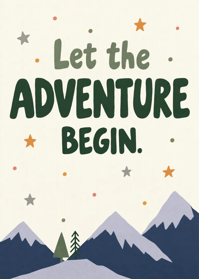 Illustrated card with mountains, stars and the words “Let the Adventure Begin.”