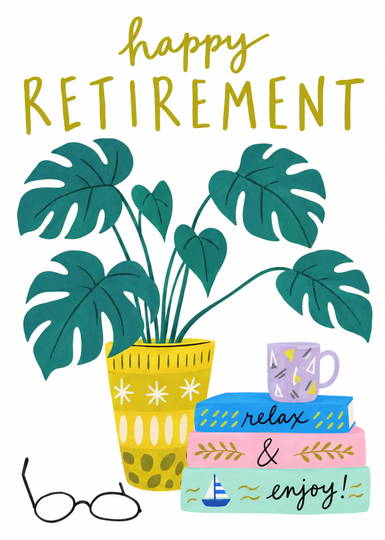 Illustrated happy retirement card with monstera plant, yellow patterned pot, books, mug and glasses.