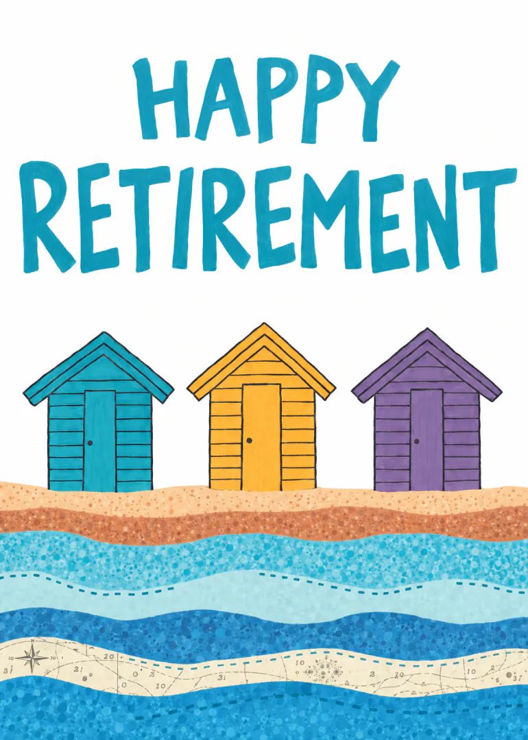 Colourful illustrated retirement card with three beach huts above layered waves and the words Happy Retirement.
