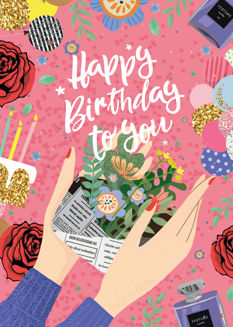 Birthday card with hands holding flowers, balloons, cake, and perfume on pink background