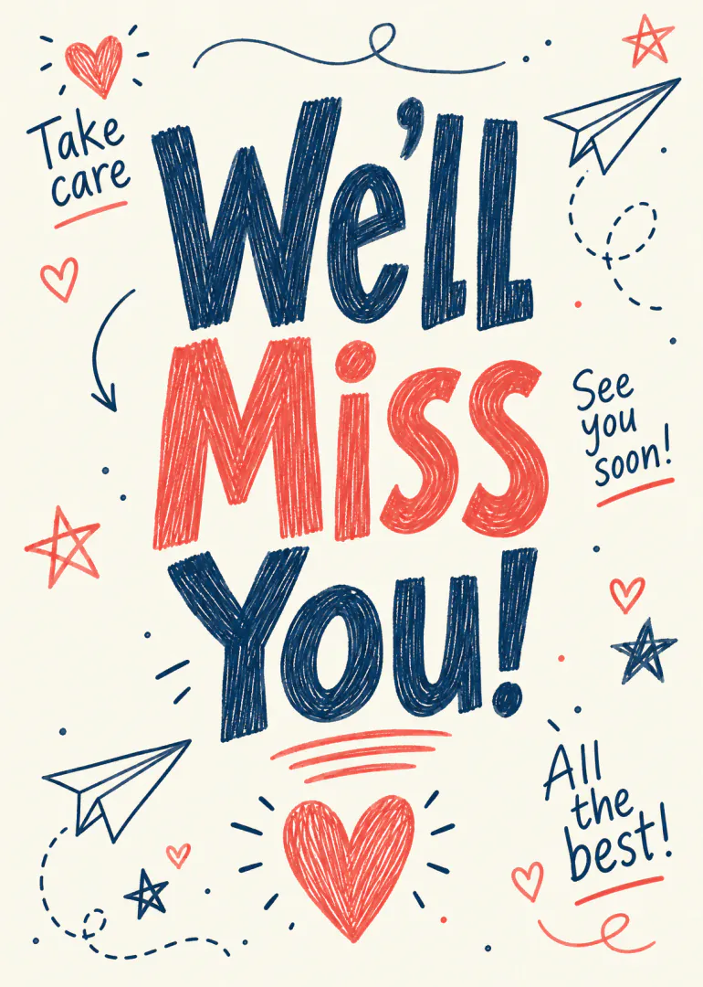 Hand-drawn navy and coral farewell card reading “We'll Miss You!” with hearts, stars and paper aeroplanes.