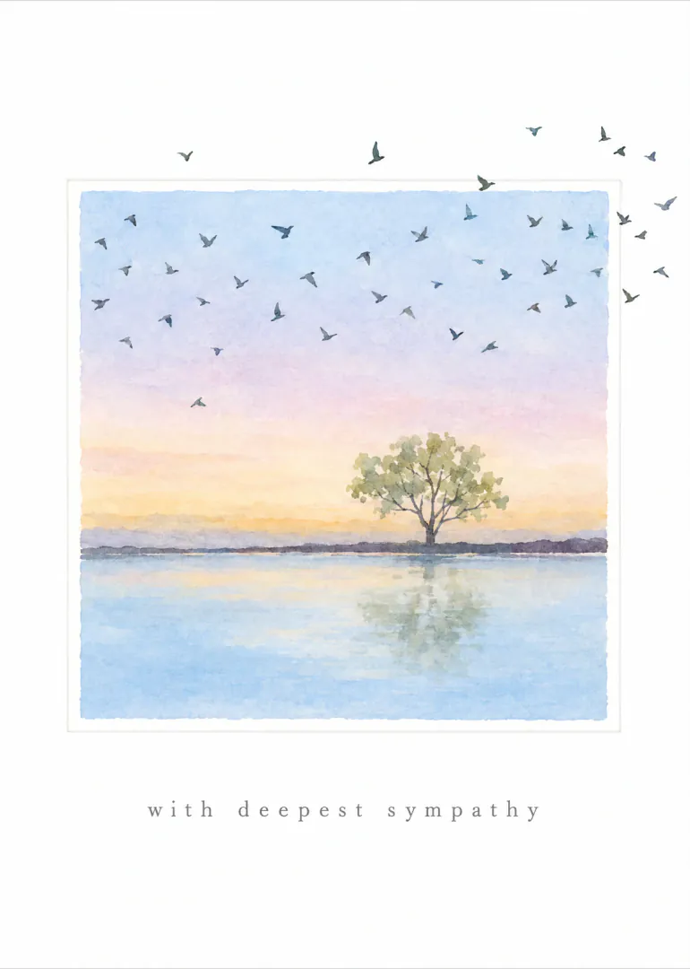 Watercolour card showing a lone tree reflected in calm water beneath flying birds, with the words “with deepest sympathy”.