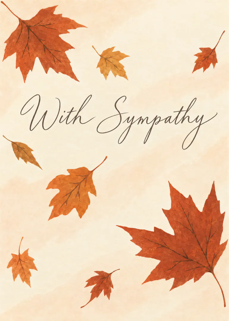 Cream sympathy card with painted orange autumn leaves and cursive 'With Sympathy' lettering.