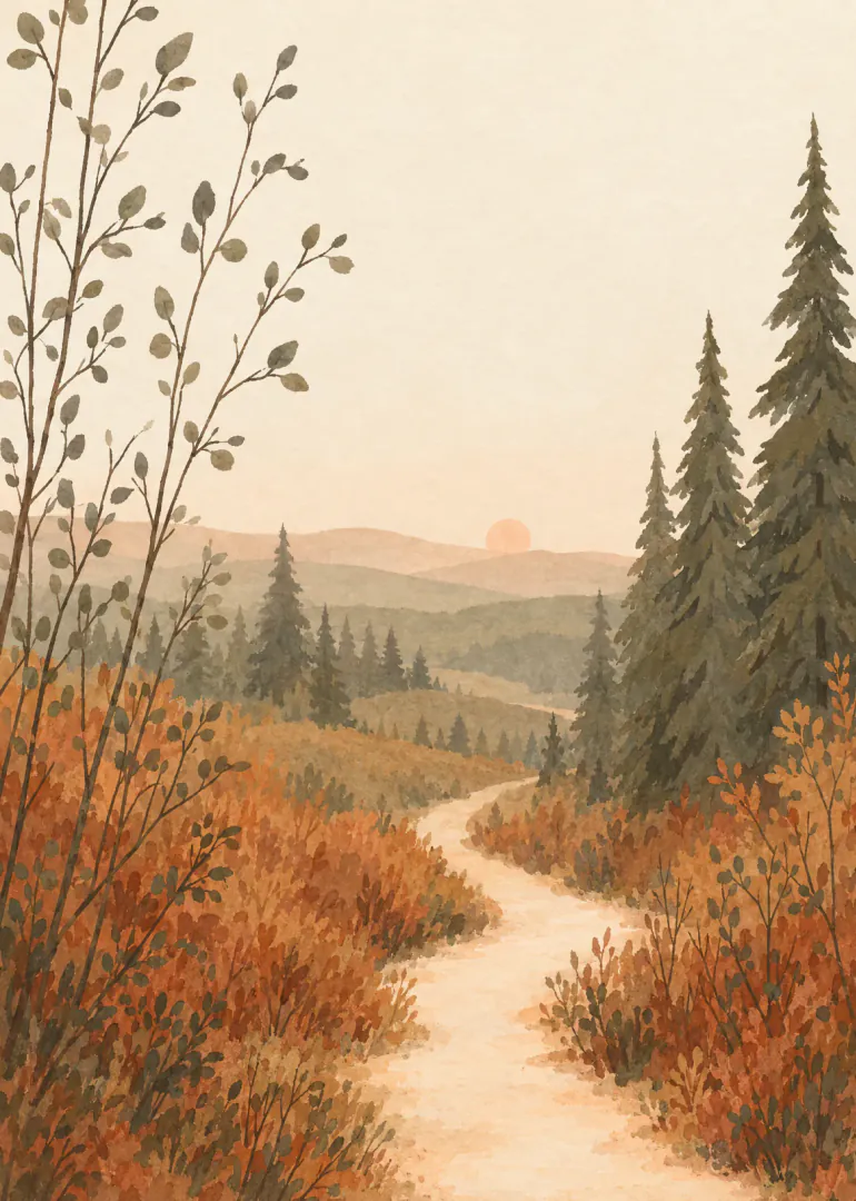 Watercolour-style autumn landscape with a winding path, orange foliage, pine trees and a setting sun.