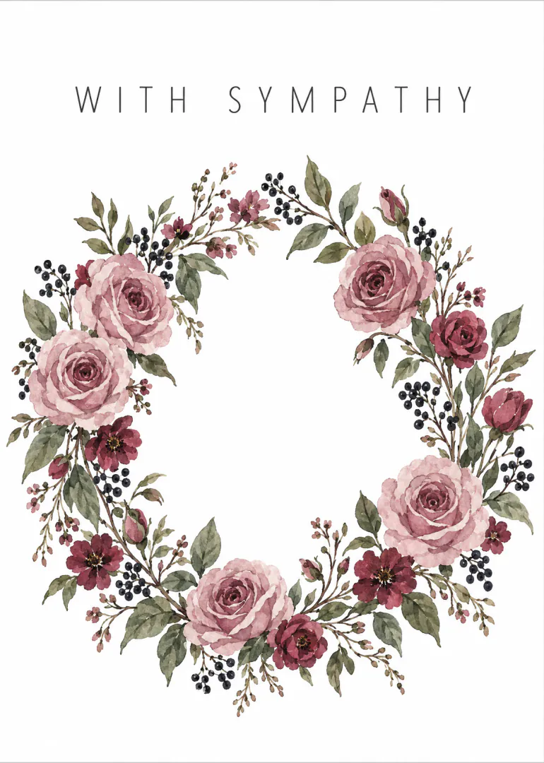White sympathy card with a watercolour wreath of pink roses, burgundy flowers, green leaves and dark berries.