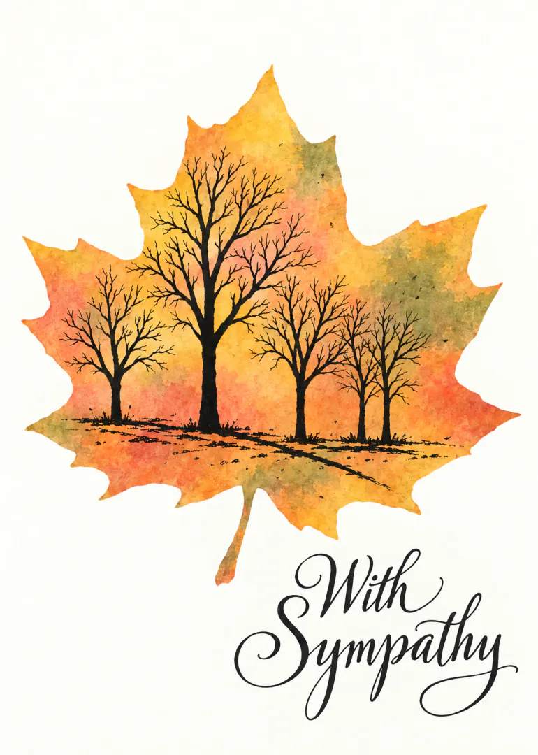 Watercolour autumn maple leaf with bare black trees and the words “With Sympathy”.