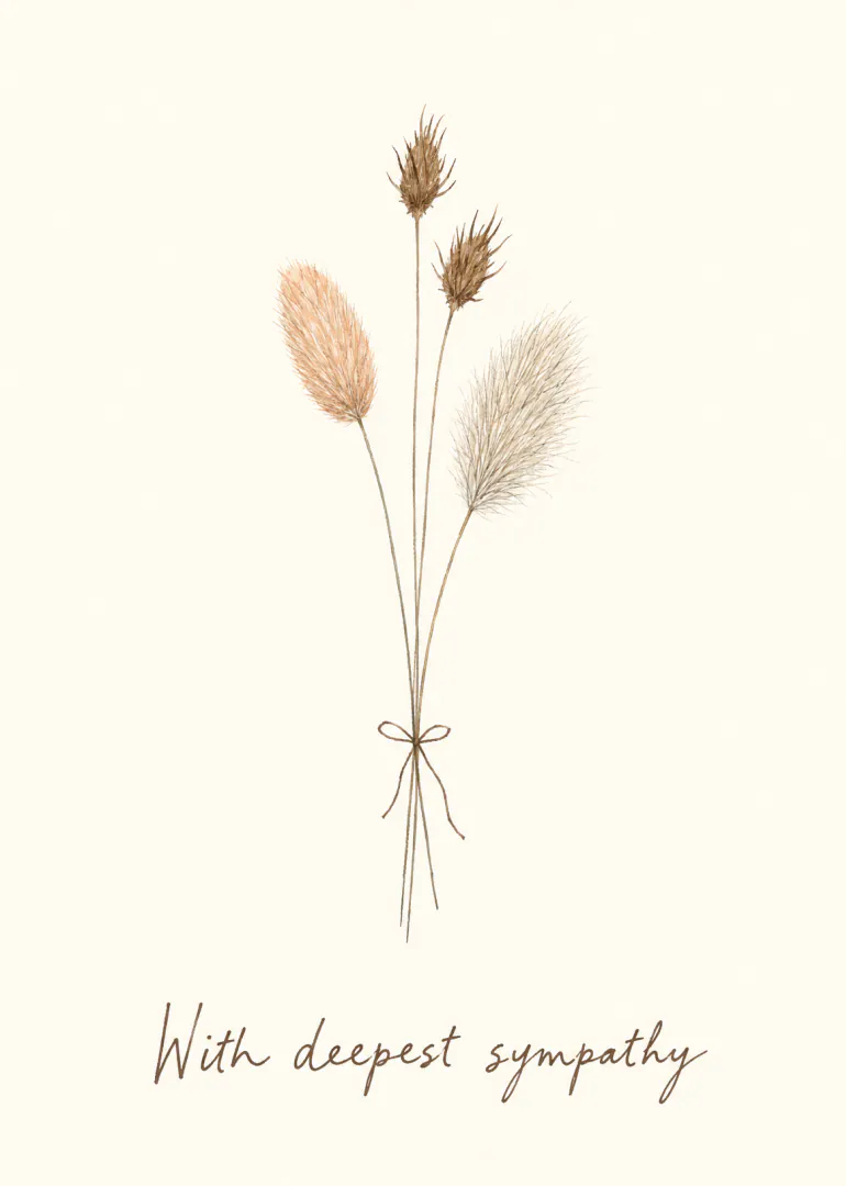 Minimal cream sympathy card featuring a tied bouquet of dried grasses and the words “With deepest sympathy”.
