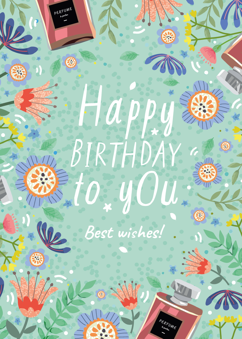 Birthday card with flowers, perfume bottles, and best wishes text on green background