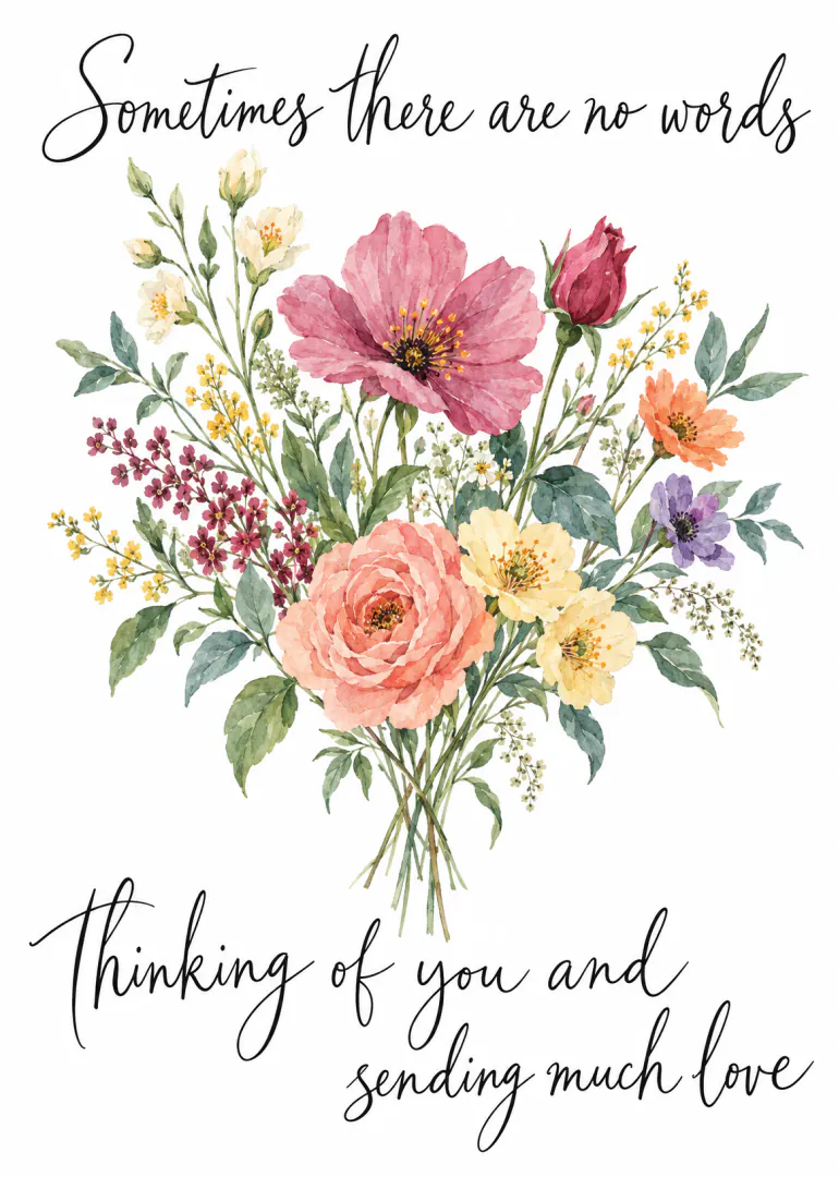 Watercolour bouquet of pink, yellow, purple and orange flowers with a handwritten sympathy message.