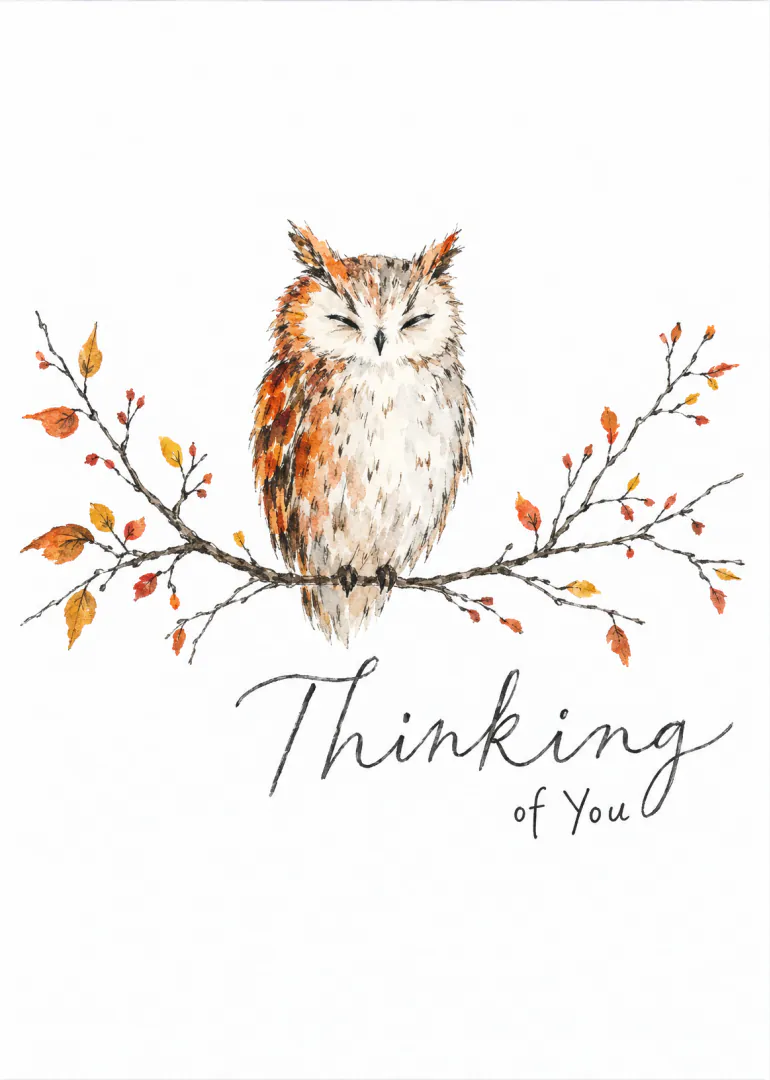 Watercolour owl perched on an autumnal leafy branch with Thinking of You lettering.