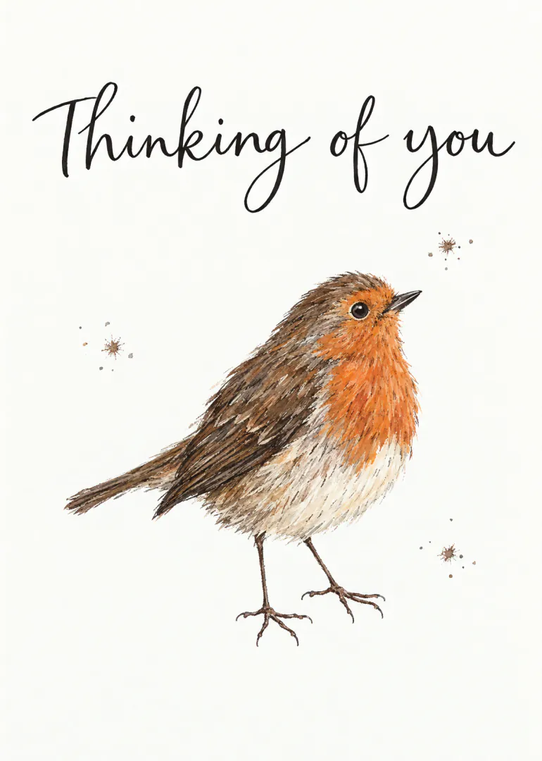 White card featuring a hand-drawn robin beneath the words “Thinking of you”.