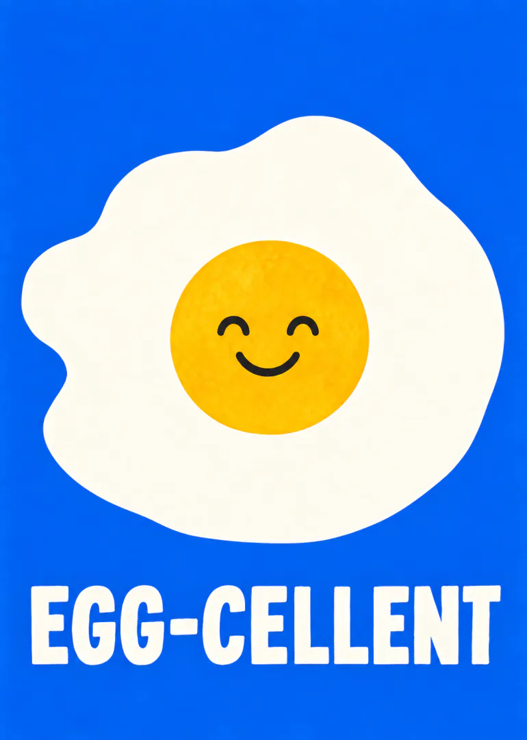 A smiling fried egg on a bright blue background above the white words “EGG-CELLENT”.