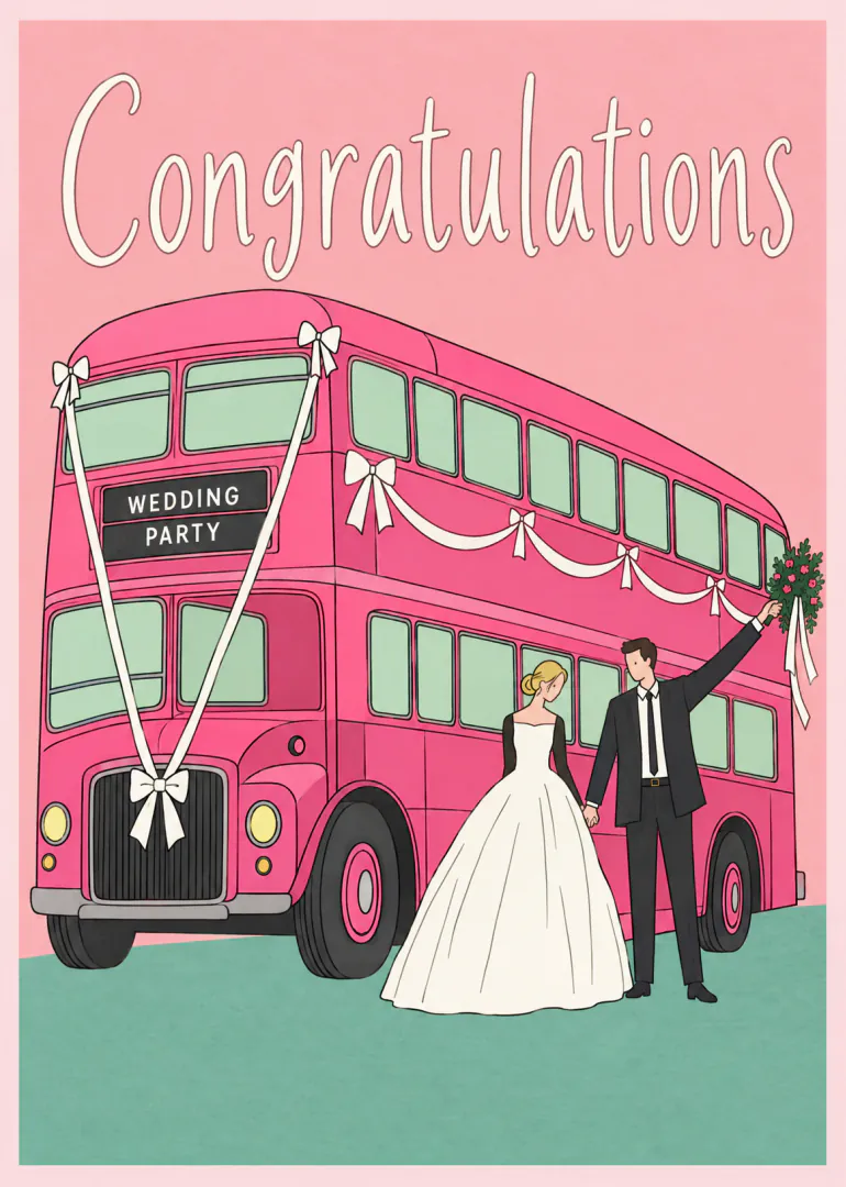 Illustrated pink double-decker bus decorated with white wedding bows, beside a bride and groom.