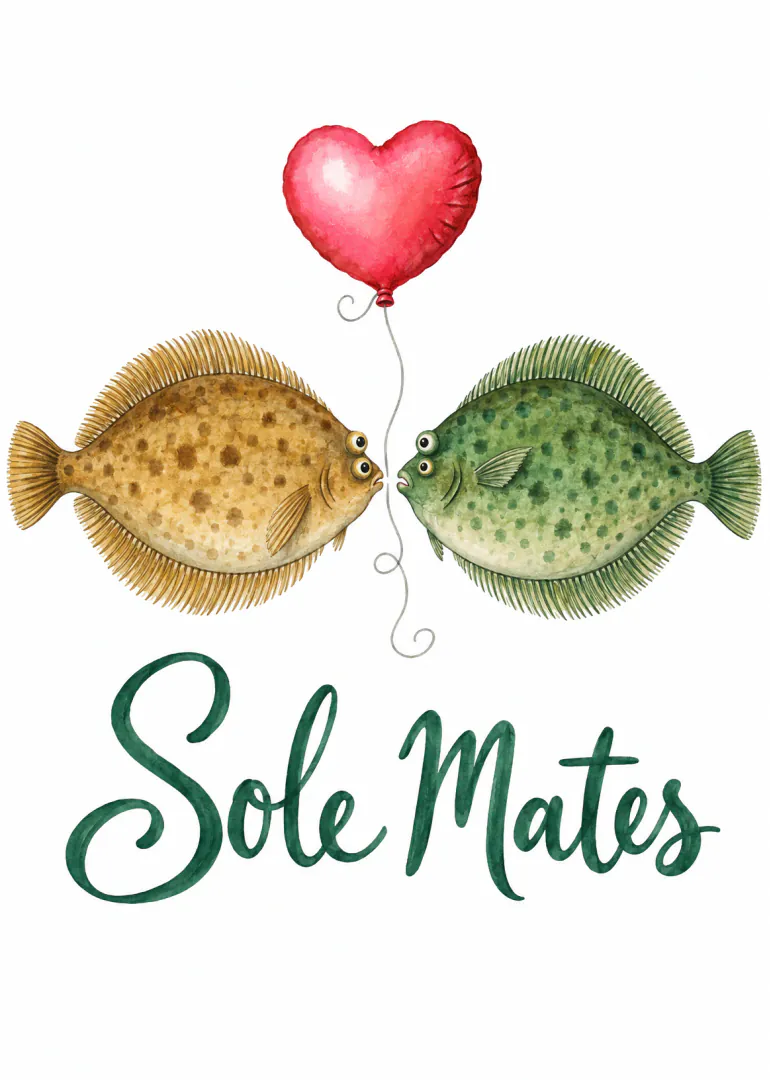 Watercolour illustration of two spotted flatfish facing each other beneath a red heart balloon, with the words “Sole Mates”.