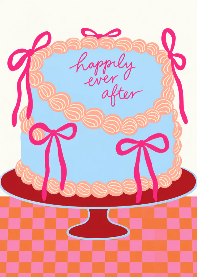 Illustrated blue iced wedding cake with pink bows and ‘happily ever after’ lettering.