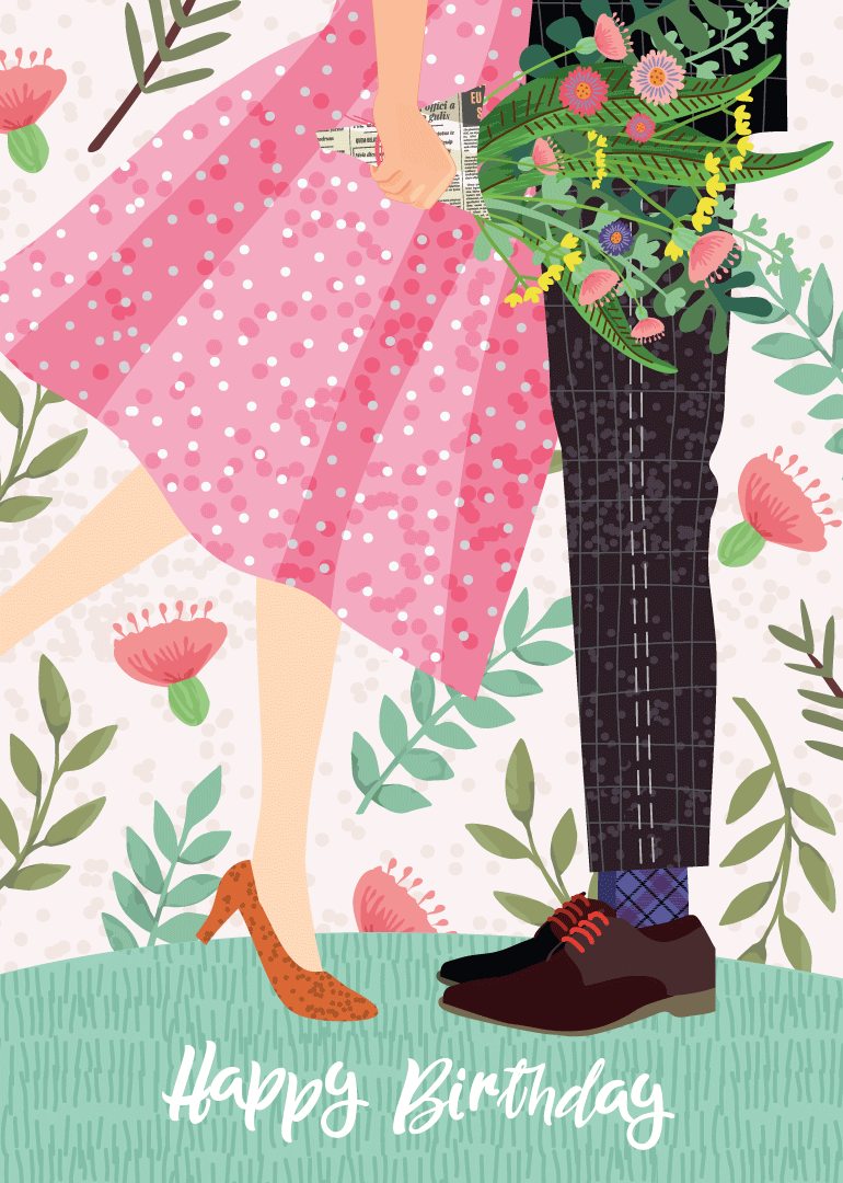 Couple standing close with flowers and happy birthday text on floral background