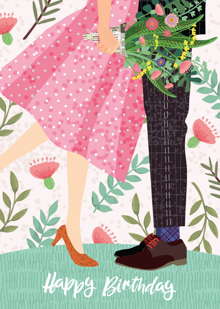 Stylish couple illustration with pink dress, flowers, and Happy Birthday text on a soft background.