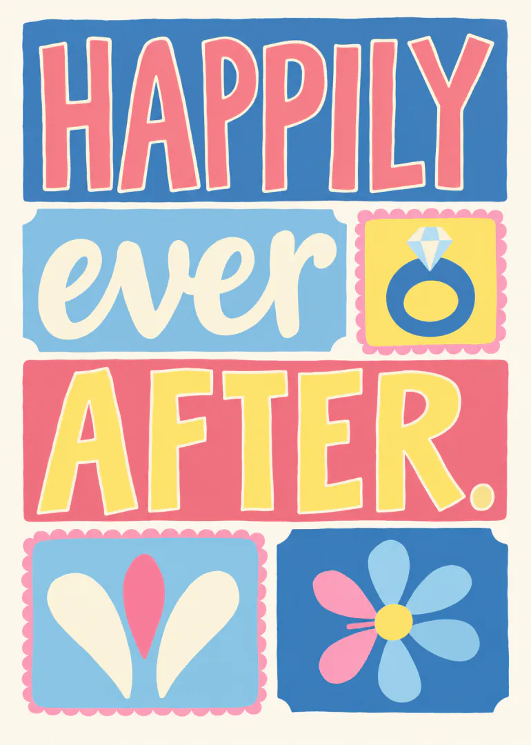 Retro-style wedding card with colourful blocks reading “HAPPILY ever AFTER.”, a diamond ring, hearts and a flower.
