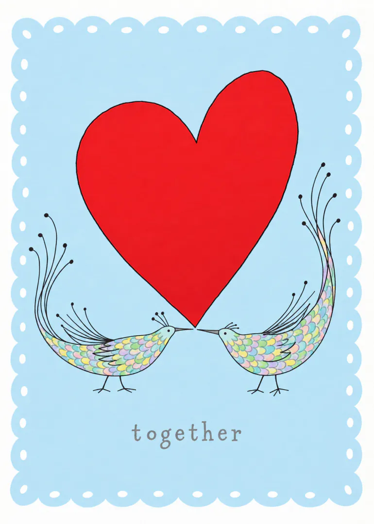 Illustrated card with two pastel birds holding a large red heart against a pale blue scalloped background, with the word “together”.