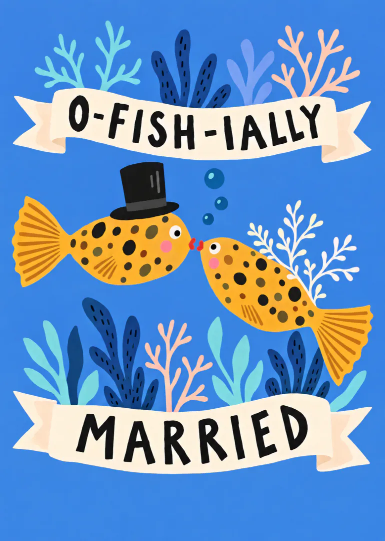 Blue wedding card with two spotted kissing fish, one in a top hat, surrounded by coral and banners reading “O-FISH-IALLY MARRIED”.