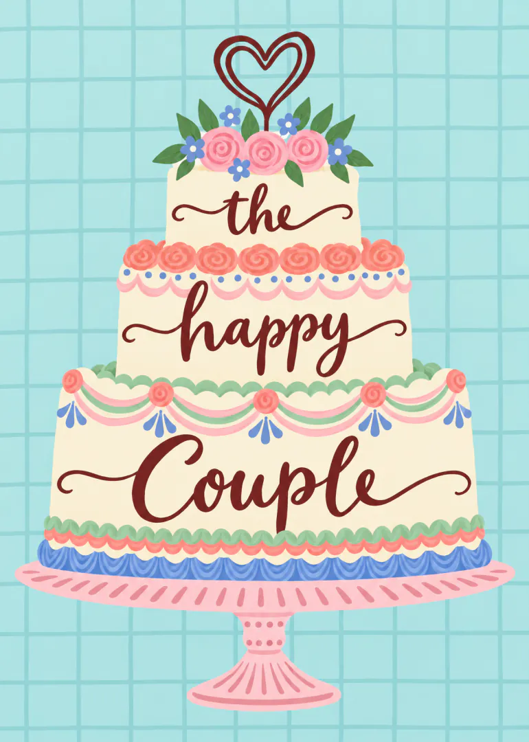 Illustrated three-tier wedding cake with floral icing and the words “the happy Couple” on a blue tiled background.