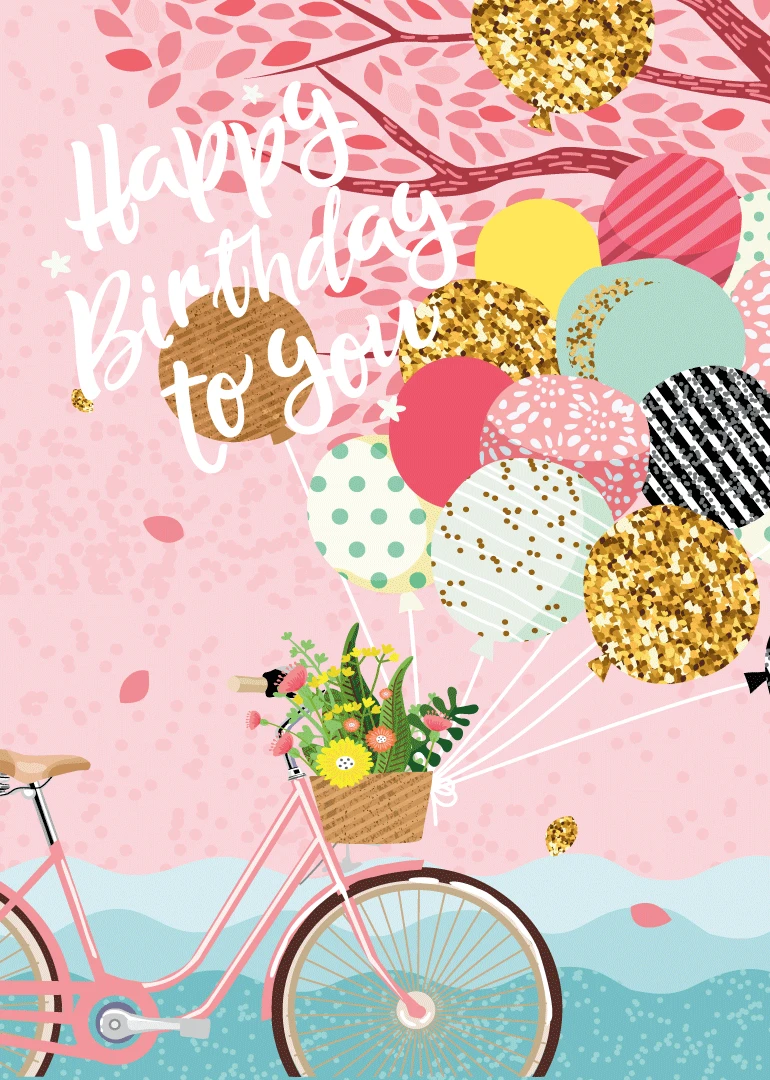 Pink birthday card with balloons, flowers in a bicycle basket, and Happy Birthday script text.