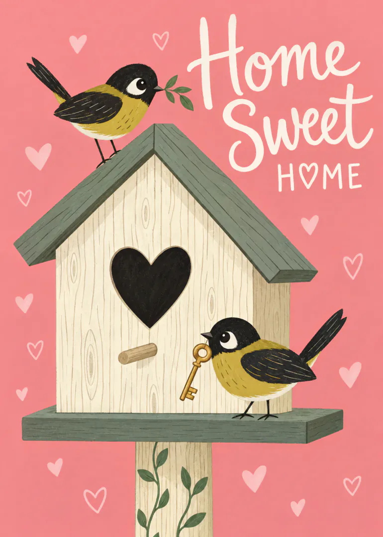 Illustrated new home card with two yellow and black birds, a wooden birdhouse, hearts and a key on a coral pink background.