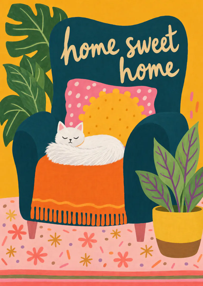 Colourful illustrated new home card with a sleeping white cat on an armchair surrounded by houseplants.