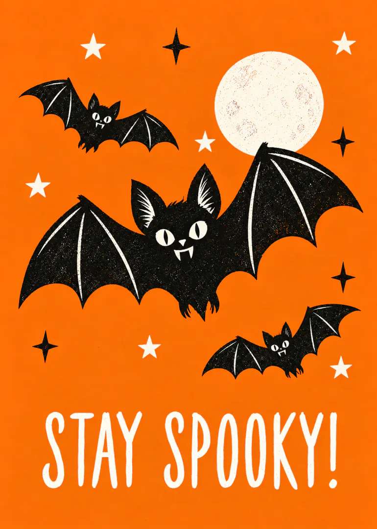 Orange Halloween card featuring three black bats, a full moon, stars and the words “STAY SPOOKY!”