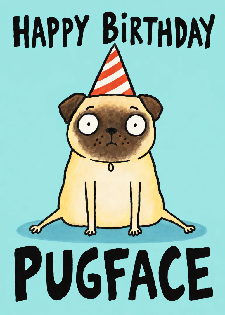 Illustrated pug wearing a red and white striped party hat on a turquoise background.