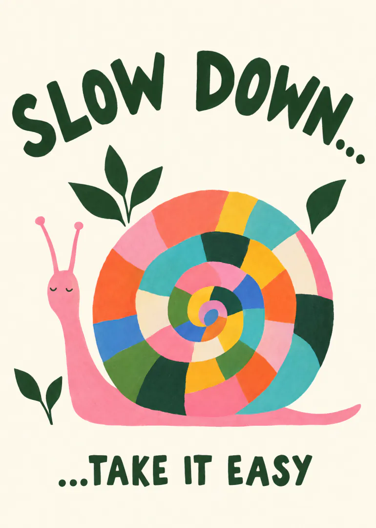 Colourful pink snail with a rainbow spiral shell and the words “SLOW DOWN... ...TAKE IT EASY”.