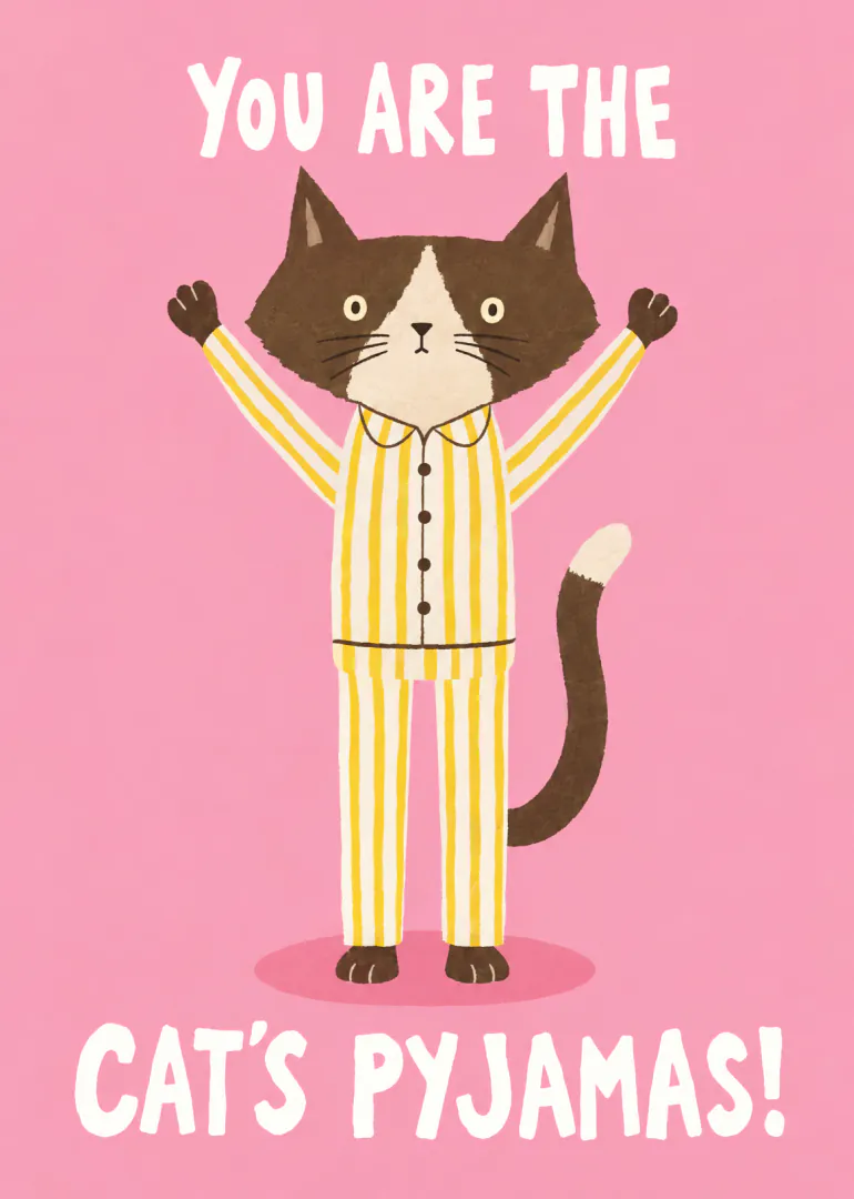 Pink card featuring a waving brown and white cat in yellow striped pyjamas, with a complimentary message.