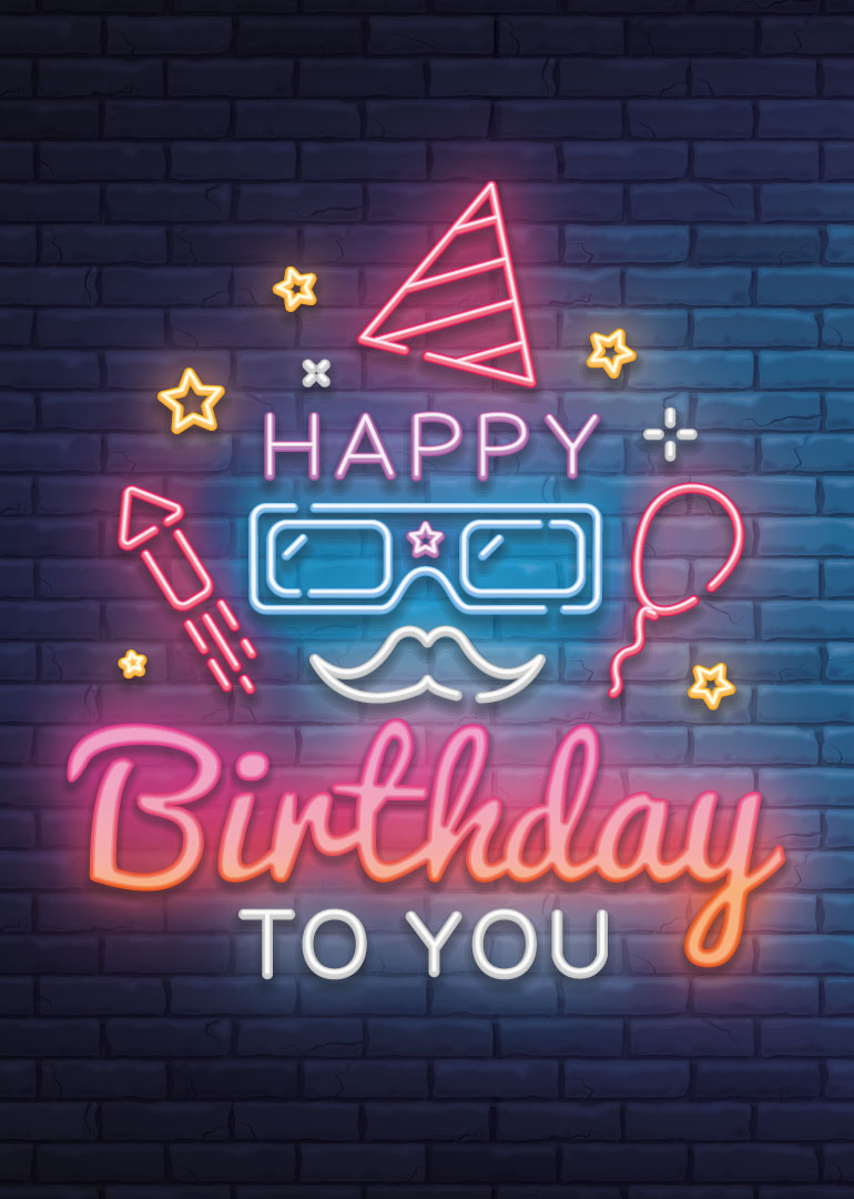 Neon birthday card with party hat, glasses, mustache, balloon, and stars on dark brick wall