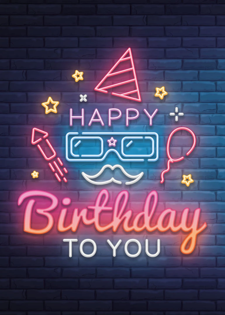 Neon birthday card with party hat, glasses, mustache, balloon, rocket and Birthday to You text.