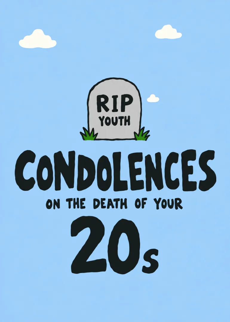 Blue birthday card with a tombstone reading RIP YOUTH and bold condolences wording for the death of your 20s.