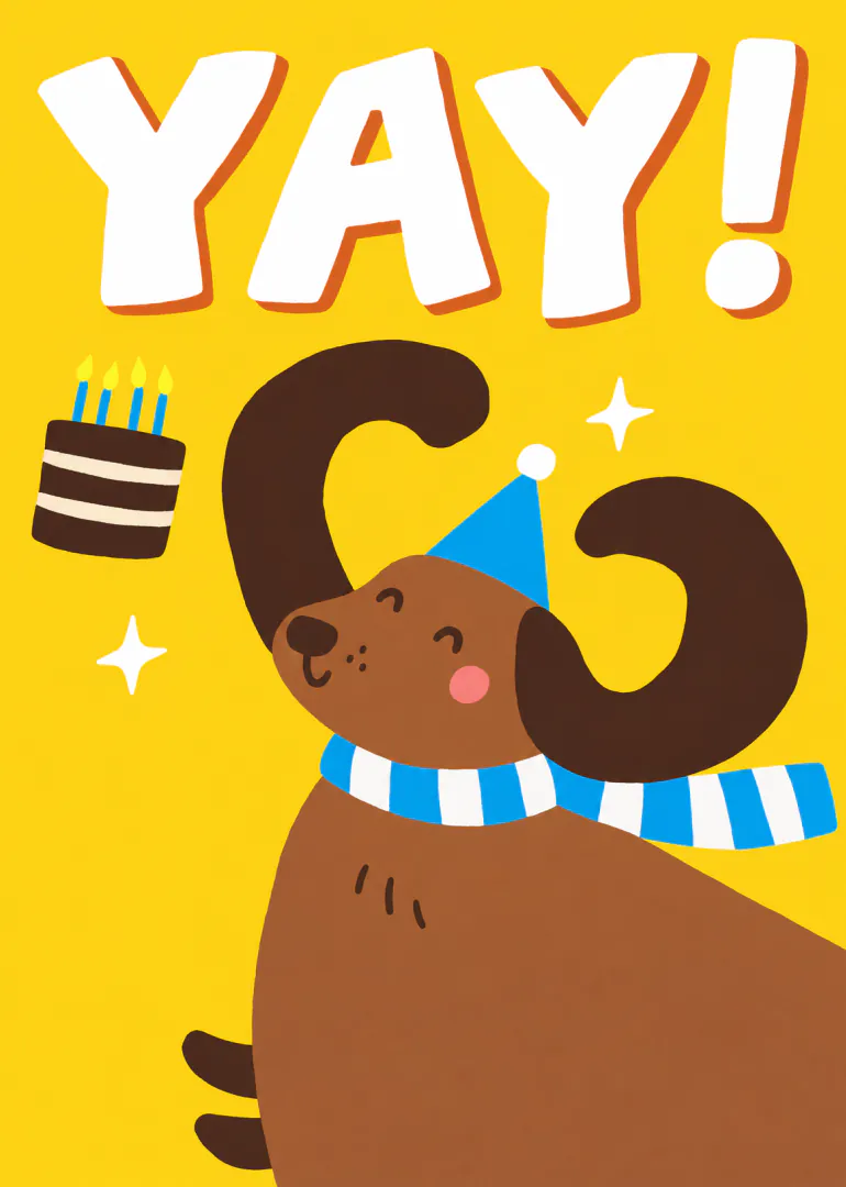 Yellow birthday card featuring a smiling brown dog in a blue party hat beside a candle-topped cake, with the text “YAY!”.