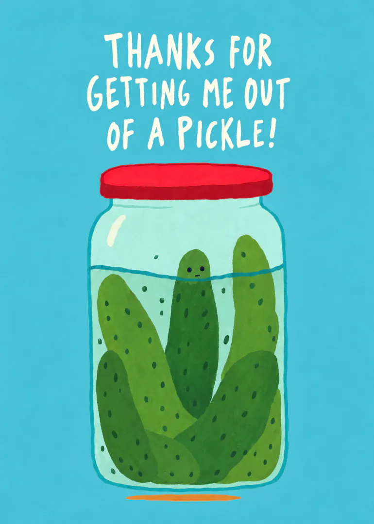 Turquoise card with a jar of smiling pickles and the message “Thanks for getting me out of a pickle!”